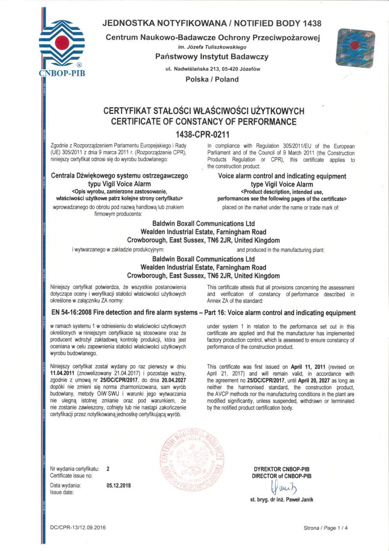 Certyfikat CNBOP - zgodność z EN-54